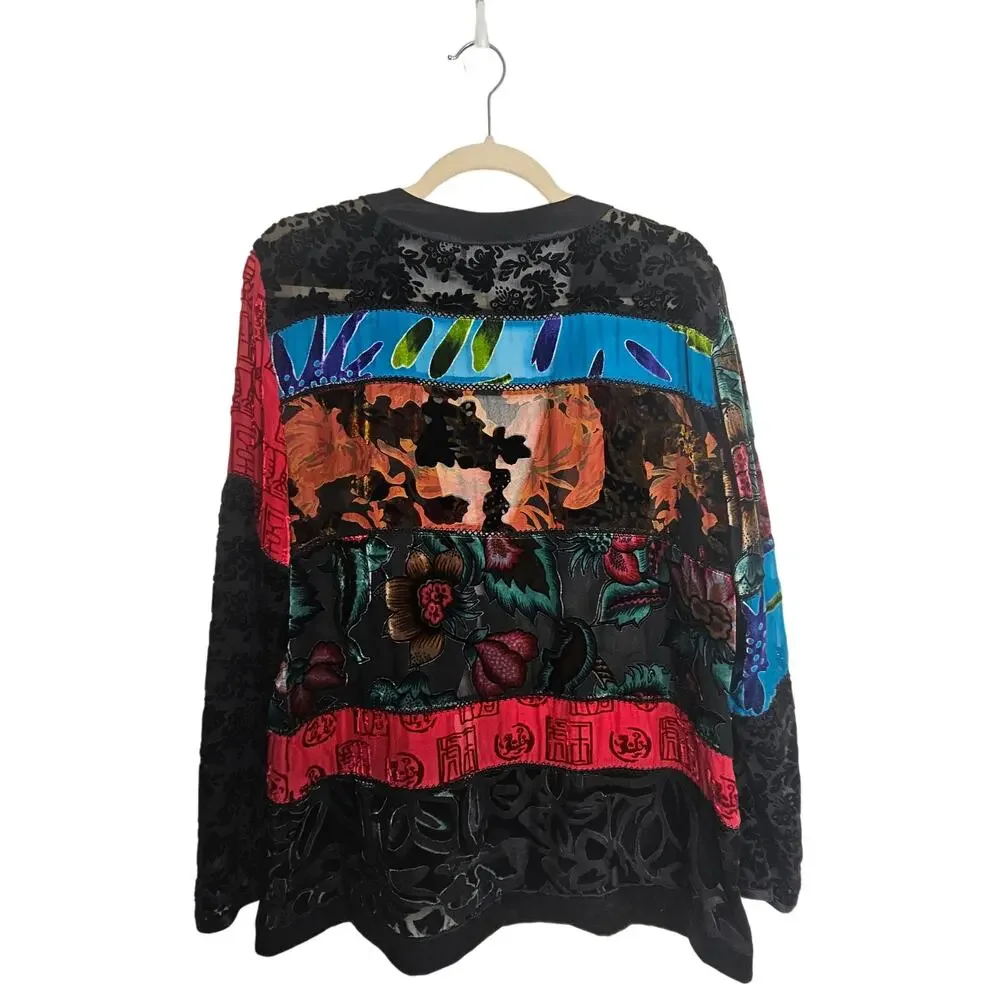 Chicos Silk Sheer Cardigan Size L Artsy Floral Bohemian Whimsigoth Patchwork - Picture 8 of 8